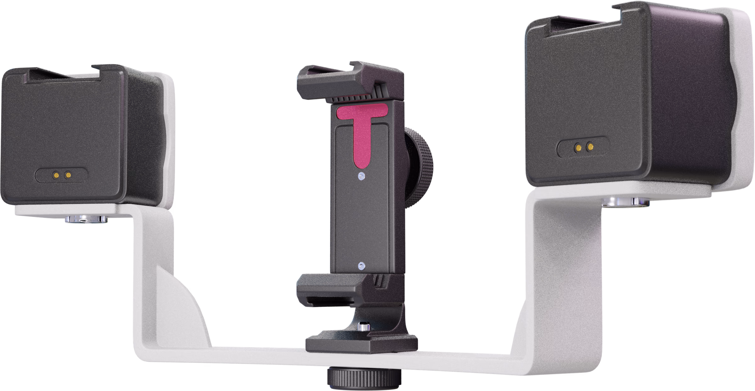 Smiley GO: the white bracket with its two light heads, holding a phone in the clamp in the middle